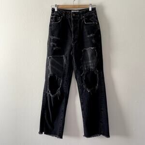 Free People Jeans Womens 27 Black Distressed Raw Hem High Rise Straight Leg
